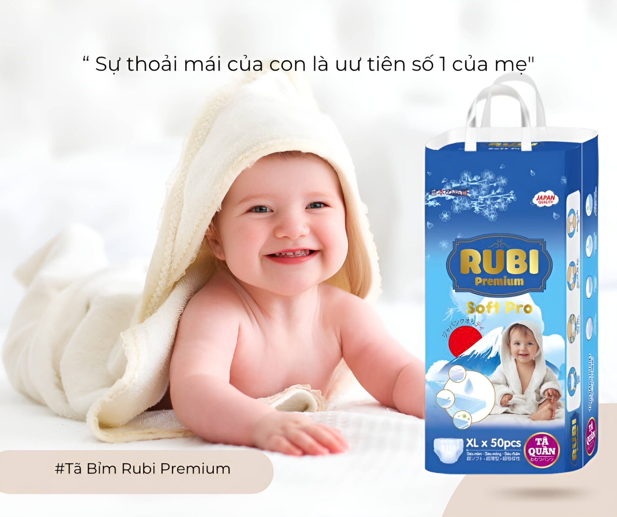 Tã quần Rubi Premium - SIÊU THẤM HÚT - MỀM MẠI SIZE 5XL - 50 miếng cho bé từ (20-25kg)
